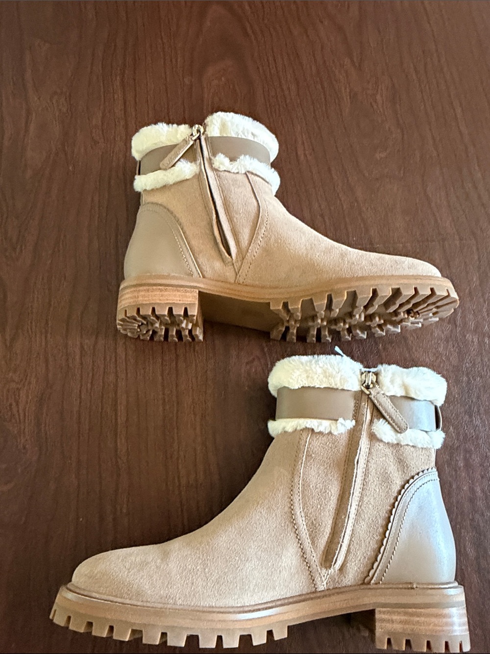 kate spade Bailee Beige Suede Ankle Boots with Cream Faux-Fur Cuff never worn - Picture 6 of 8